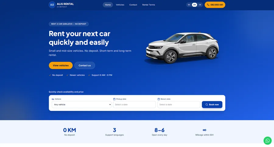 Website von Alis Rental — Autovermietung in Sarajevo.
