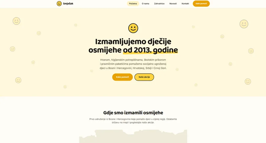 Website der Hilfsorganisation Smješak — Unterstützung für Kinder in Not.